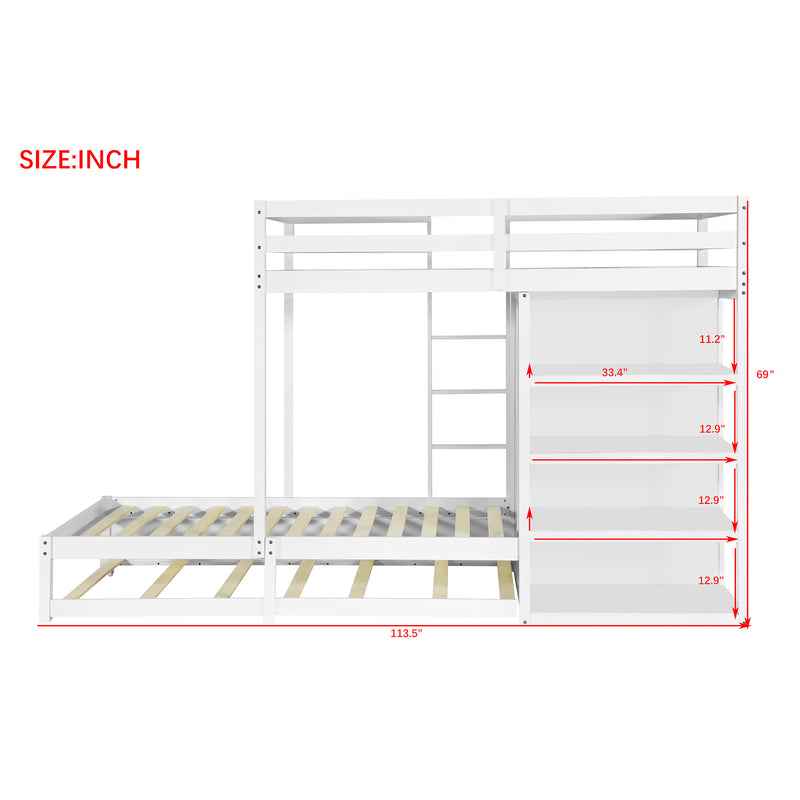 Twin-over-twin Bunk Bed with Wardrobe, Drawers and Shelves, White