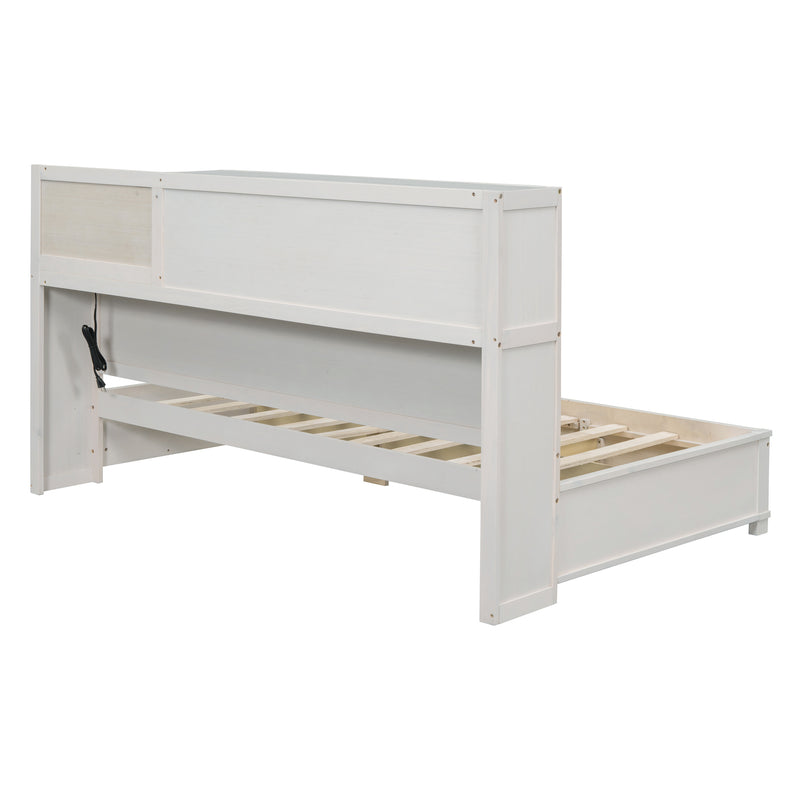 Twin Size Wooden Daybed with 3 Storage Drawers, Upper Soft Board, shelf, and a set of Sockets and USB Ports, White