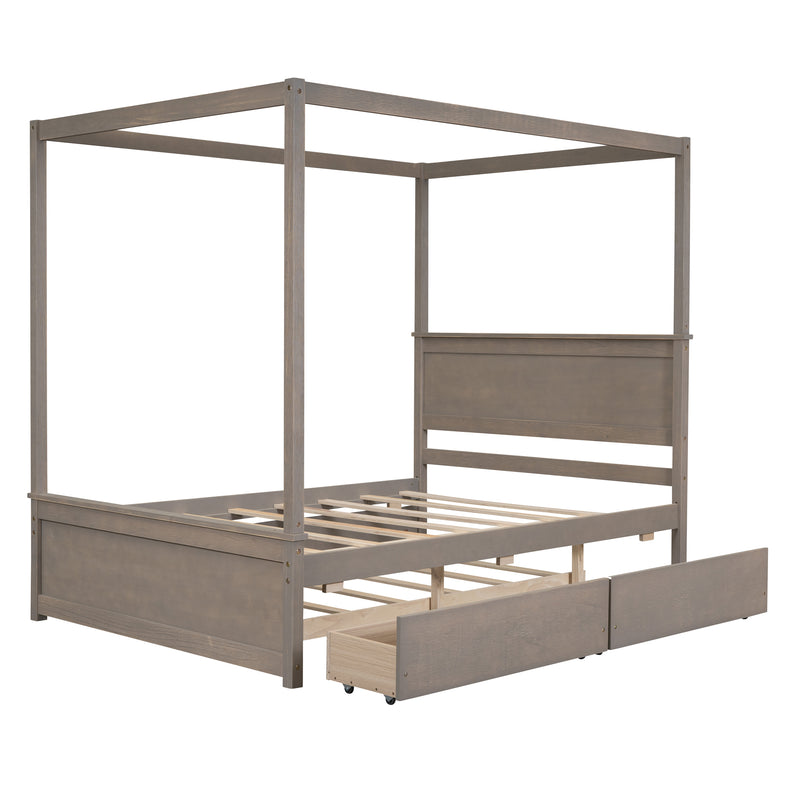 Wood Canopy Bed with Trundle Bed and two Drawers ,Full Size Canopy Platform bed With Support Slats .No Box Spring Needed, Brushed Light Brown