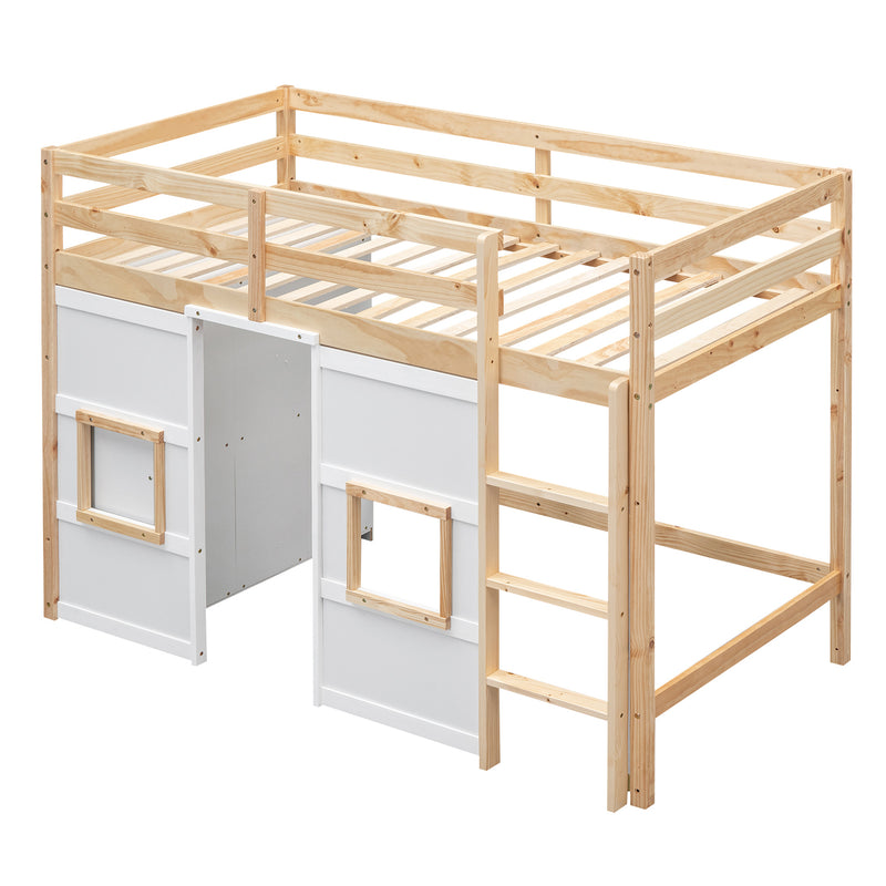 Wood Twin Size Loft Bed with Built-in Storage Wardrobe and 2 Windows, Natural/White