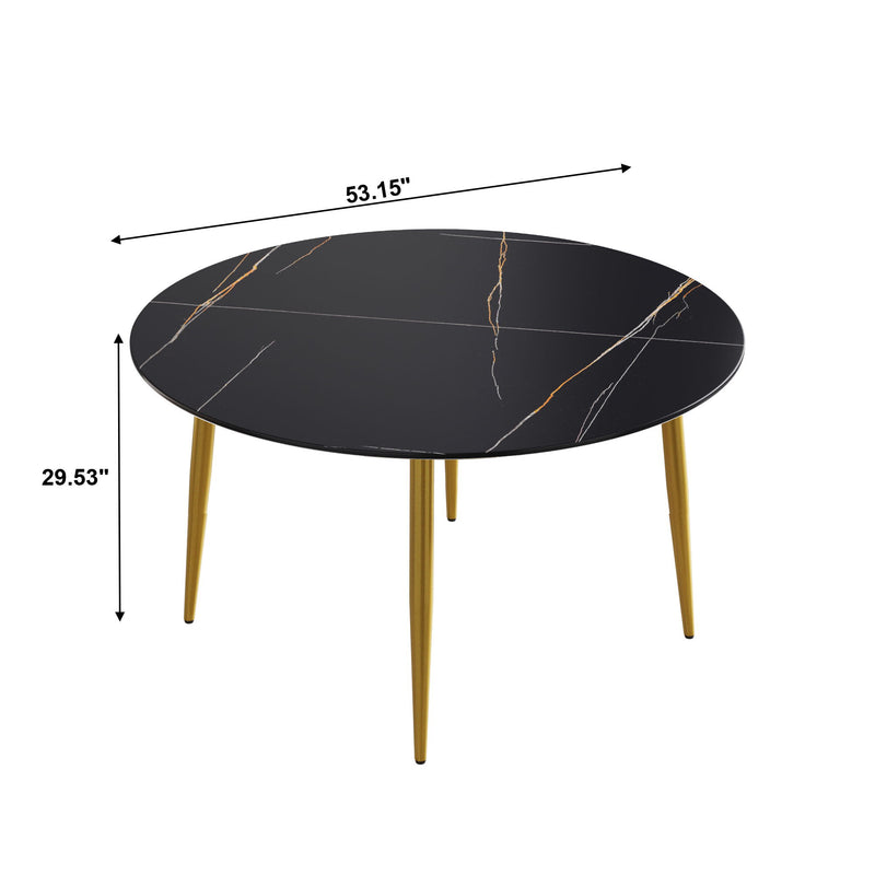 Modern Artificial Stone Round Dining Table With Golden Metal Legs, Can Accommodate 6 People - Black