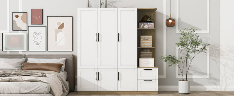 3 Door Storage Wardrobe For Dedroom With Shelves And 2 Drawers, Side Storage Shelves