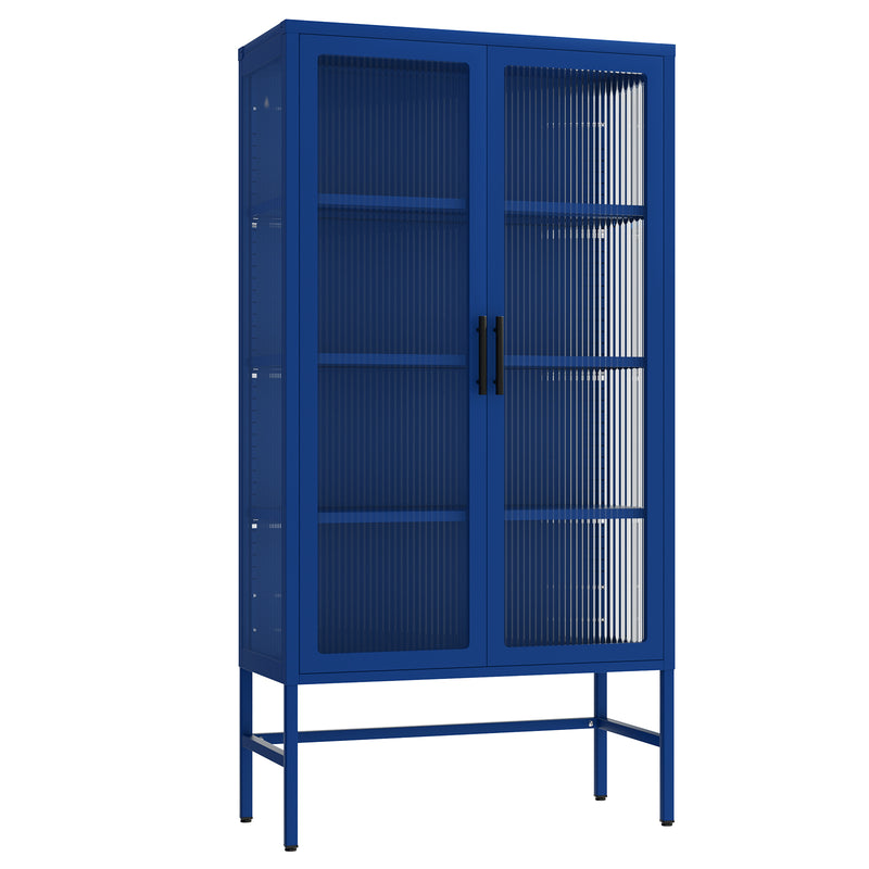 Double Glass Door Storage Cabinet with Adjustable Shelves and Feet Cold-Rolled Steel Sideboard Furniture for Living Room Kitchen BLUE