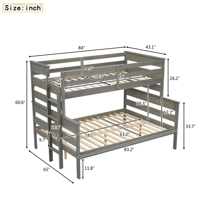 Wood Twin XL over Queen Bunk Bed with Ladder, Gray