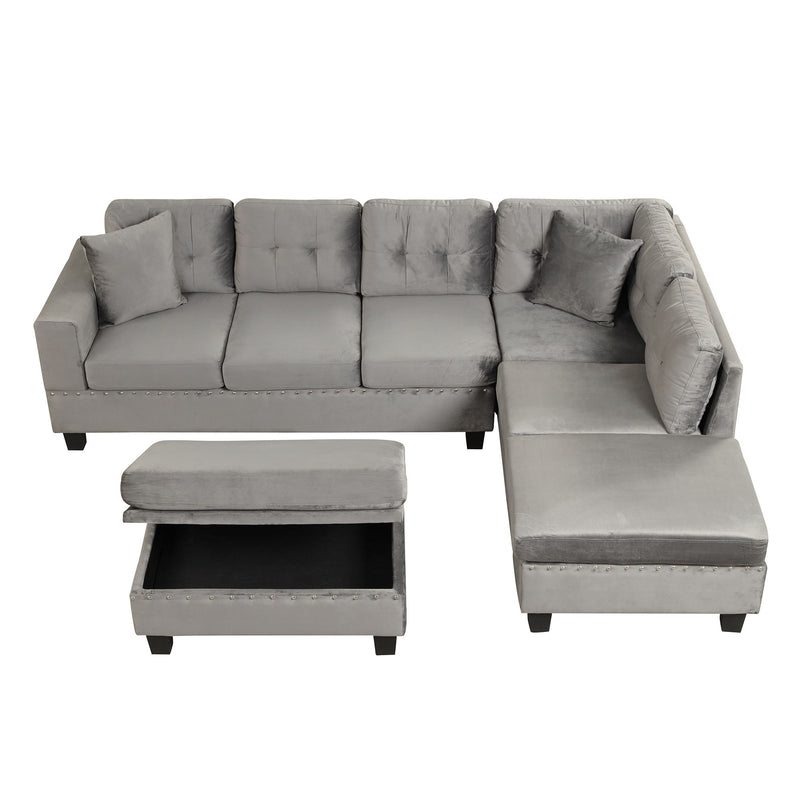 Modern Sectional Sofa With Storage Ottoman, L-Shape Couch With 2 Pillows And Cup Holder, Sectional Sofa With Reversible Chaise For Living Room