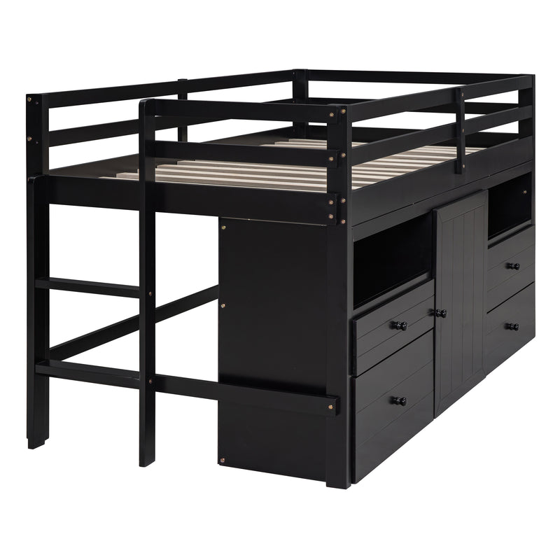 Twin Size Loft Bed with 4 Drawers, Underneath Cabinet and Shelves, Espresso