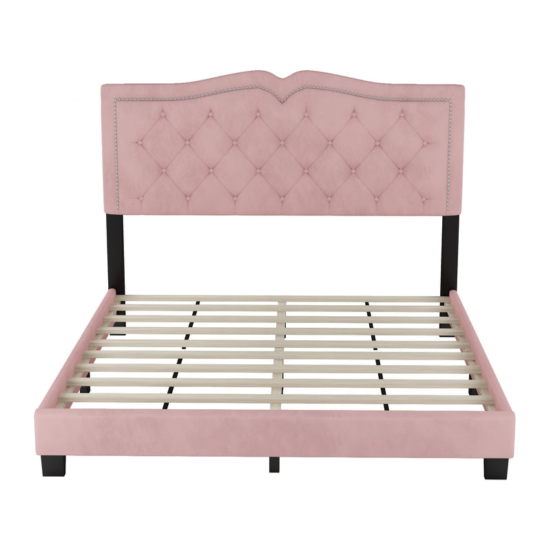 Queen Size Upholstered Bed Frame with Rivet Design, Modern Velvet Platform Bed with Tufted Headboard,Pink