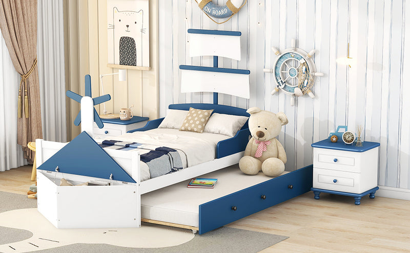 3-Pieces Bedroom Sets,Twin Size Boat-Shaped Platform Bed with  Trundle and Two Nightstands,White+Blue