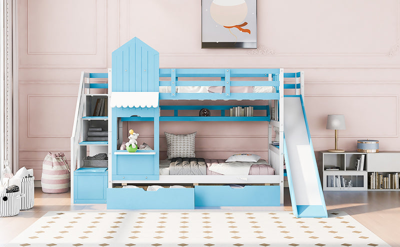 Twin-Over-Twin Castle Style Bunk Bed with 2 Drawers 3 Shelves and Slide - Blue