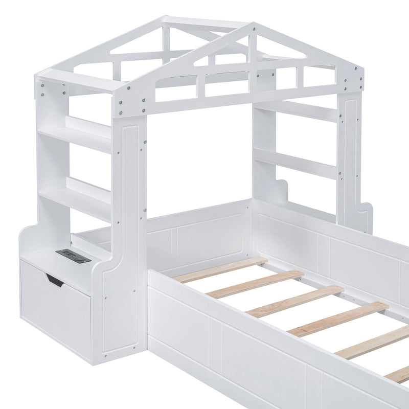 Twin Size House Bed with Bench, Socket and Shelves, White