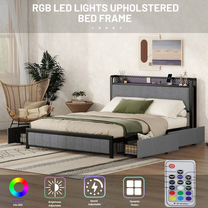 Queen Bed Frame with LED Headboard, Upholstered Bed with 4 Storage Drawers and USB Ports, Light Grey