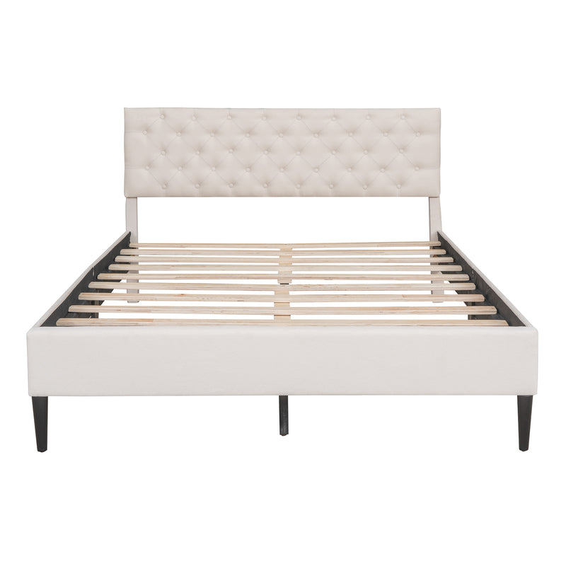 Upholstered Linen Platform Bed, Queen Size, Beige