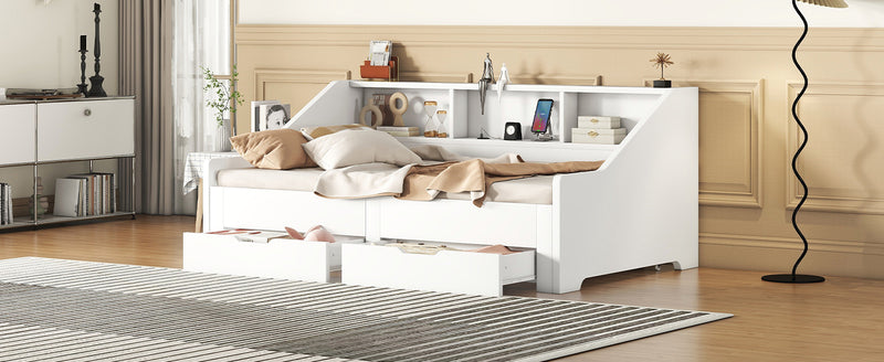 Twin to King Size Daybed Frame with Storage Bookcases and Two Drawers,Charging Design,White