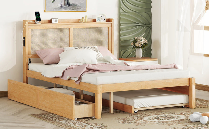 Queen Size Elegant Bed Frame with Rattan Headboard and Sockets ,Walnut