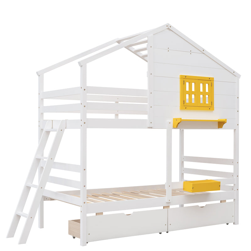 Twin over Twin Bunk Bed with 2 Drawers, 1 Storage Box, 1 Shelf, Window and Roof-White(OLD SKU:LT000608AAK)