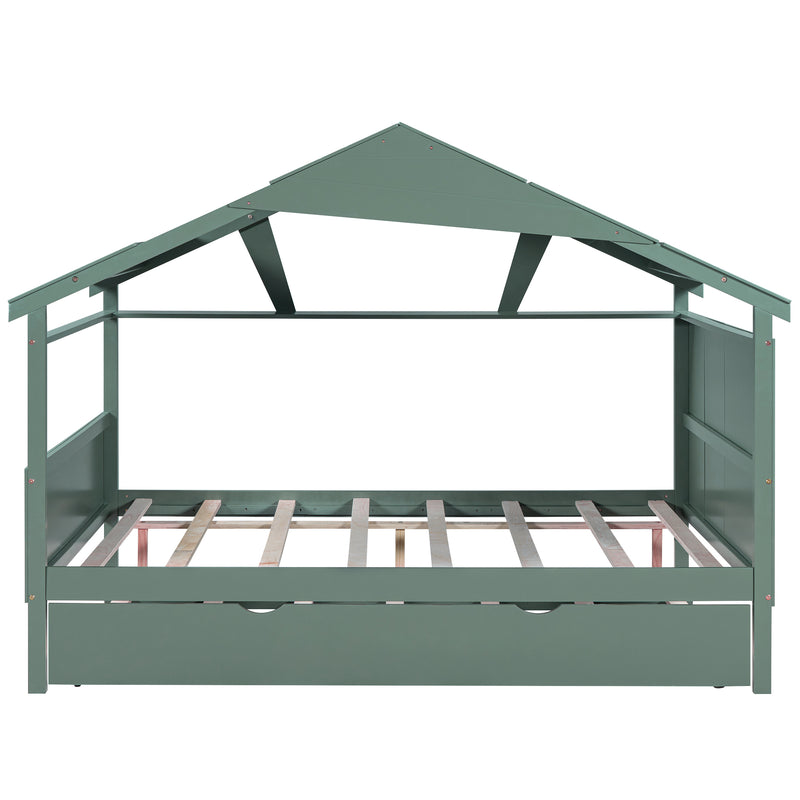 Wood Full Size House Bed with Twin Size Trundle and Storage, Green