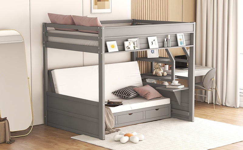 Wood Full Size Convertible Bunk Bed with Storage Staircase, Bedside Table, and 3 Drawers, Gray