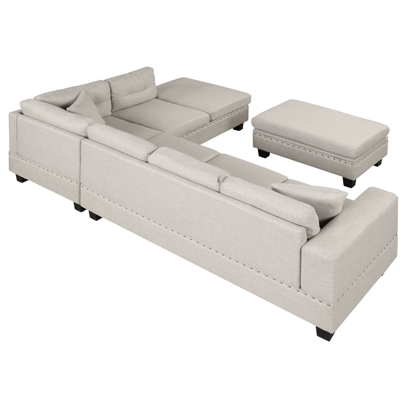 Modern Sectional Sofa With Storage Ottoman, L-Shape Couch With 2 Pillows And Cup Holder, Sectional Sofa With Reversible Chaise For Living Room