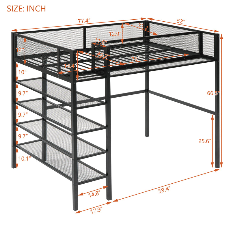 Twin Size Metal Loft Bed with 4-Tier Shelves and Storage, Black