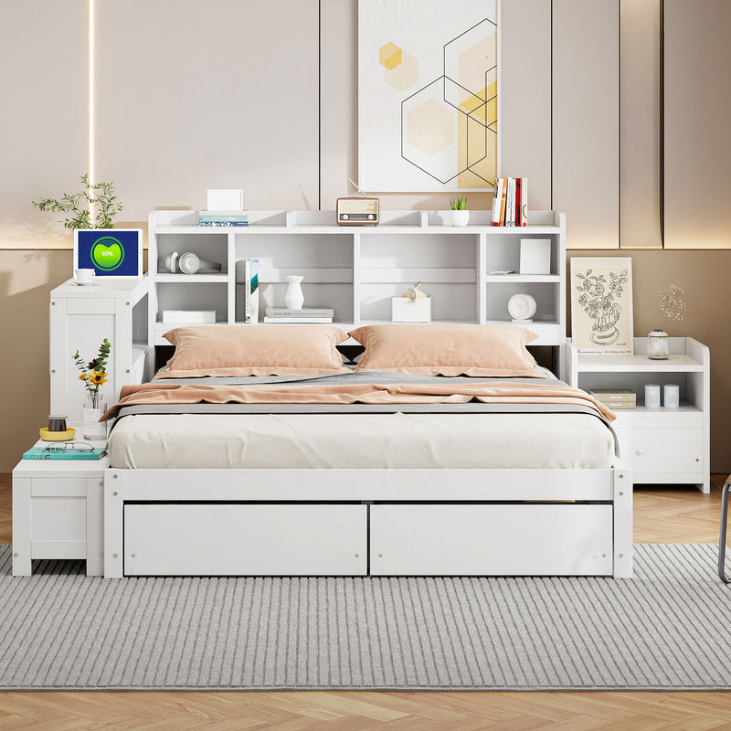 Platform Bed With Multi Functional Storage Space, Nightstand, 2 Drawers, USB Ports And Desk