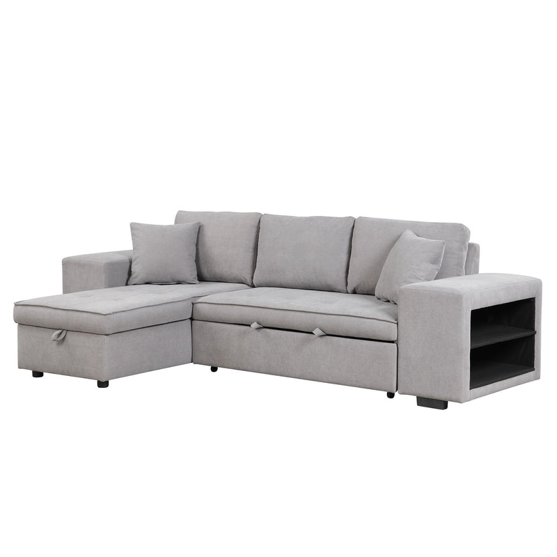 Pull Out Sleeper Sofa Reversible L-Shape 3 Seat Sectional Couch With Storage Chaise And 2 Stools For Living Room Furniture Set - Gray