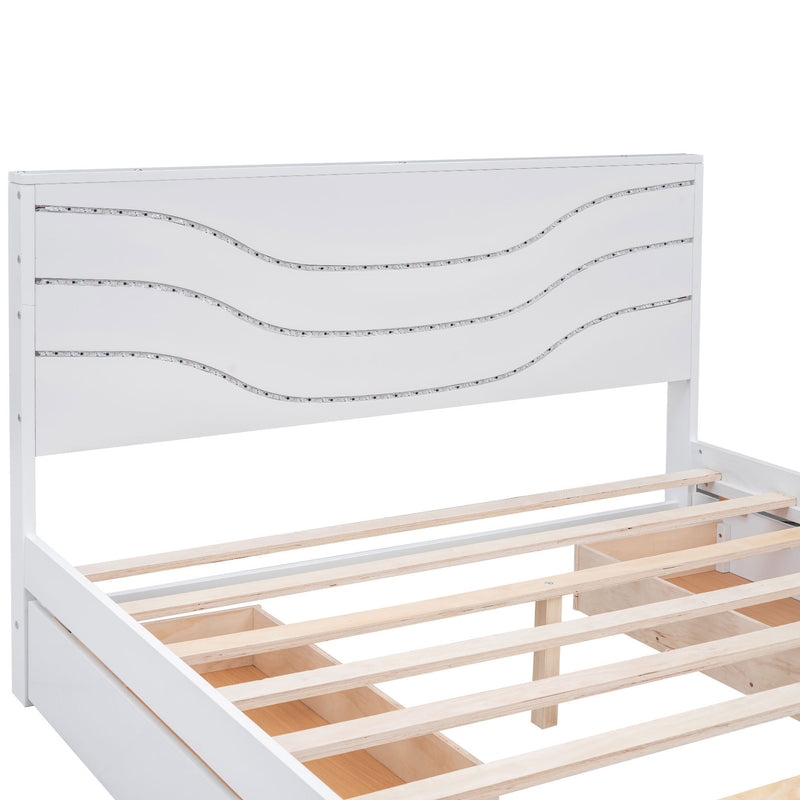 Queen Size Wood Storage Platform Bed with LED and 4 Drawers, White