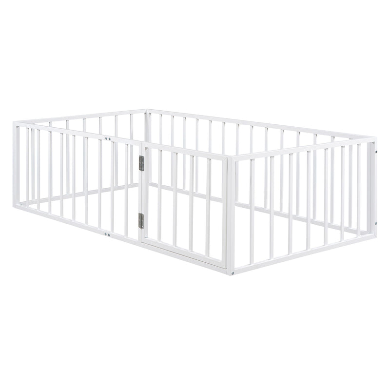 Metal Floor Bed Frame With Fence And Door - Black