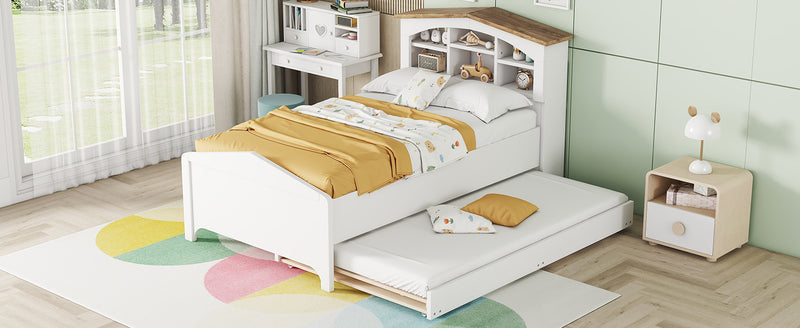 Twin Size Wood Platform Bed with House-shaped Storage Headboard and Trundle, White