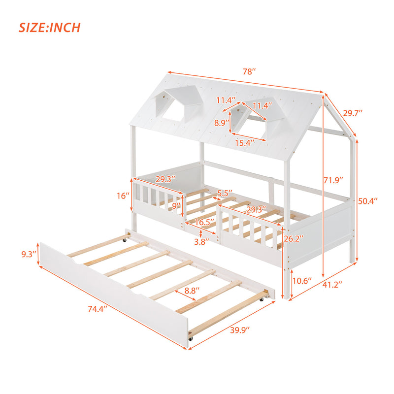 Twin Size House Bed Wood Bed with Twin Size Trundle ( White )