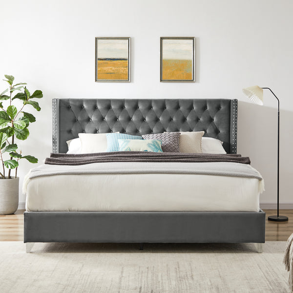 B100S King bed, Button designed Headboard,strong wooden slats + metal legs with Electroplate