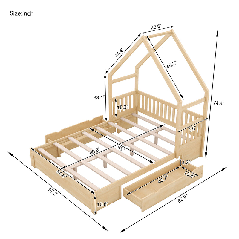 Wood Queen Size House Platform Bed with Guardrail and 2 Drawers, Natural (Expected Arrival Time:4.26)