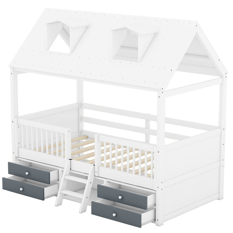 Twin Size Wood Bed House Bed Frame,White