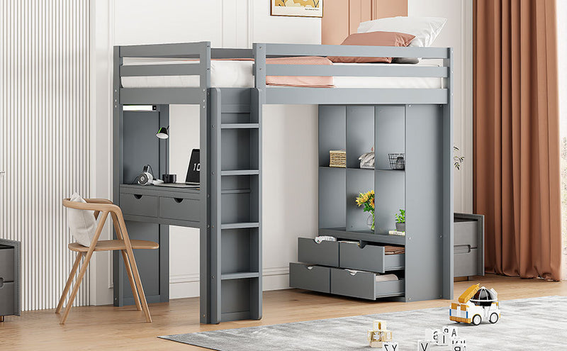 Twin Size Loft Bed with large shelves, writing desk and LED Light, Gray