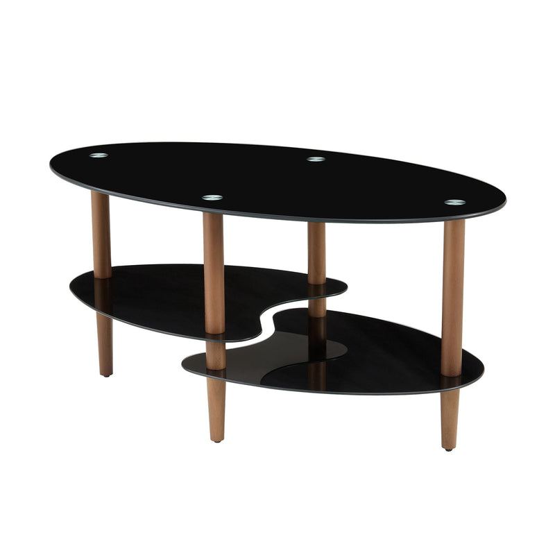 Oval Glass Coffee Table, Modern Table In Living Room Oak Wood Leg Tea Table 3-Layer Tempered Glass Table - Brown / Black