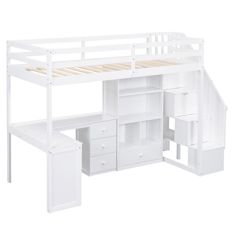 Twin Size Loft Bed with L-Shaped Desk and Drawers, Cabinet and Storage Staircase, White