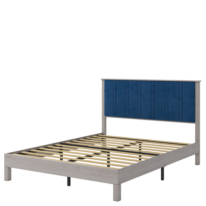 Queen Bed Frame, Wood with Wood Headboard Bed Frame with upholstered headboard /  Wood Foundation with Wood Slat Support / No Box Spring Needed / Easy Assembly