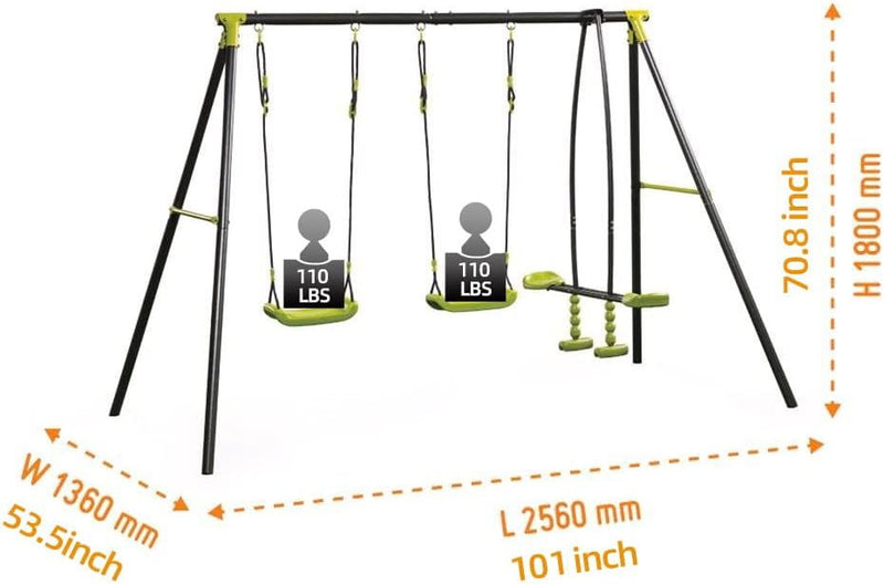 Xns008 Interesting Triple Children Metal Safe Swing Set 440Lbs For Outdoor Playground Three Seat Swing For Age 3+ - Green / Black