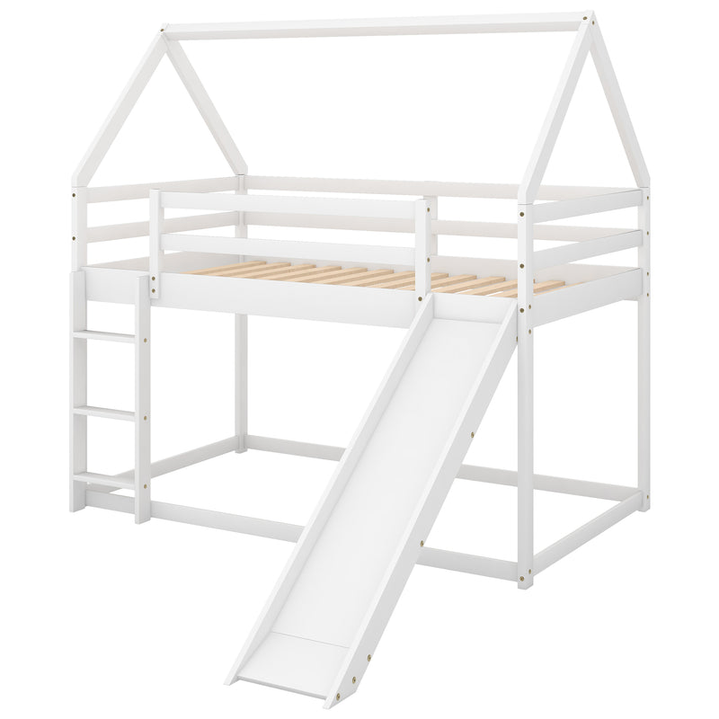 Twin Size Bunk House Bed with Slide and Ladder,White