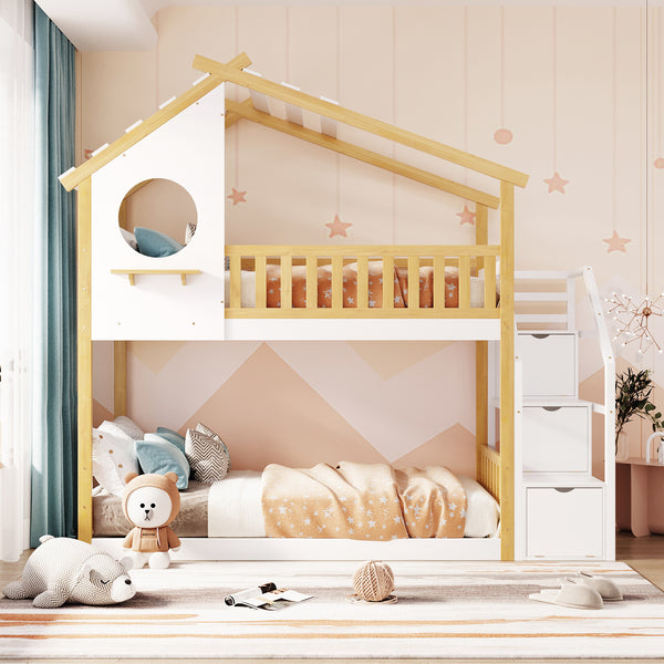 Stairway Twin-Over-Twin Bunk Bed,House Bed,Storage and Guard Rail,Natural Bed +White Stair(OLD SKU :LT000308AAK)