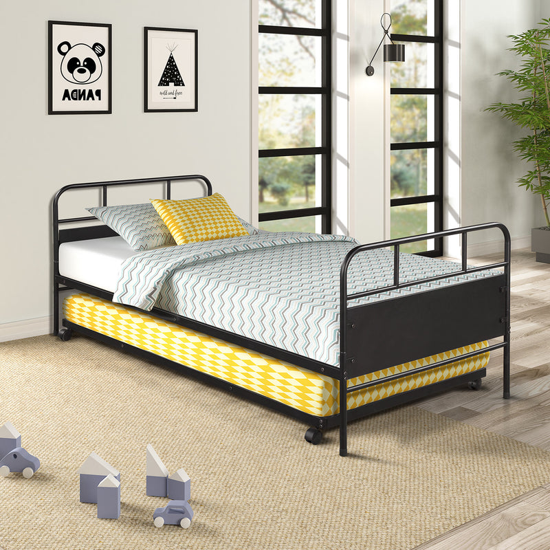 [Not allowed to sell to Walmart]Metal Daybed Platform Bed Frame with Trundle Built-in Casters, Twin Size