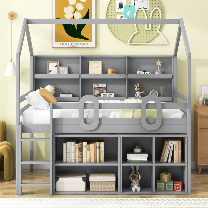 Twin Size House Loft Bed with Multiple Storage Shelves, Grey