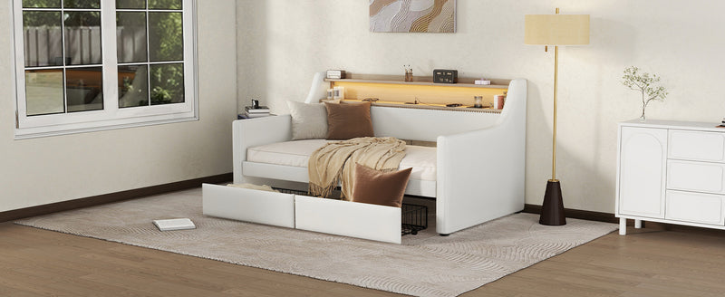 Twin Size Daybed with Storage Drawers, Upholstered Daybed with Charging Station and LED Lights, White(Expect arrival date May, 9th