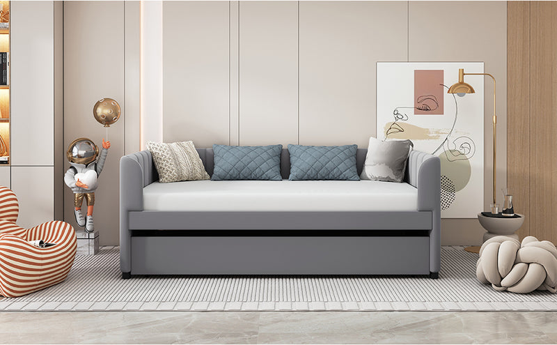 Twin Size Upholstered Daybed with Ergonomic Design Backrest and Trundle, Gray