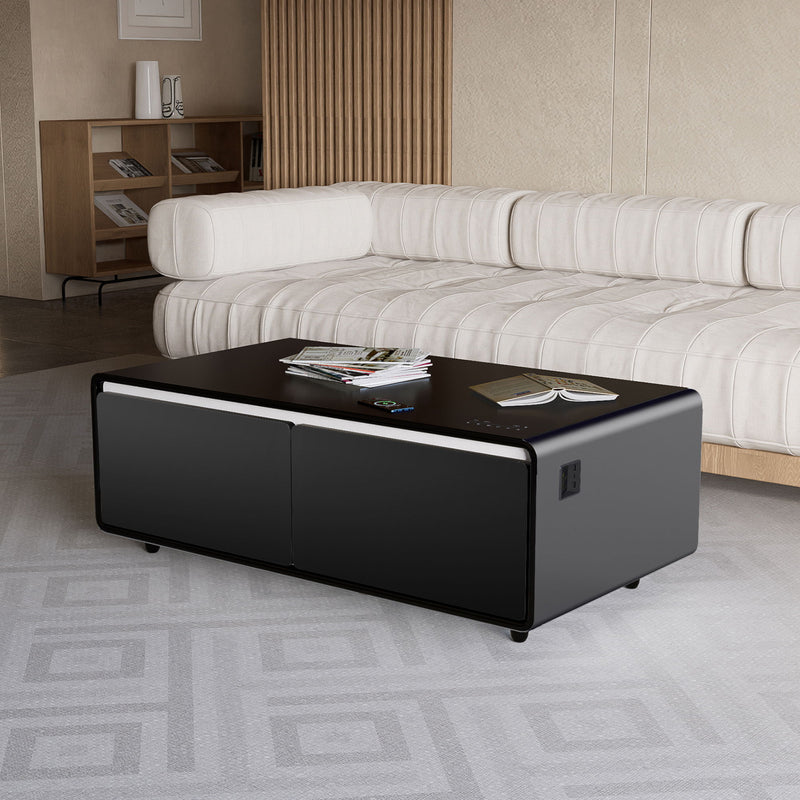 Modern Smart Coffee Table With Built-In Fridge, Bluetooth Speaker, Wireless Charging Module, Touch Control Panel, Power Socket, USB Interface, Outlet Protection, Atmosphere Light