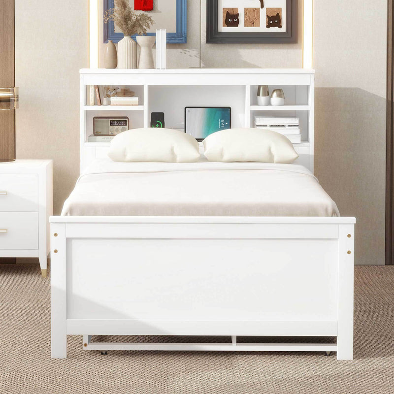 Twin Size Platform Bed with Storage Headboard, USB, Twin Size Trundle and 3 Drawers, White