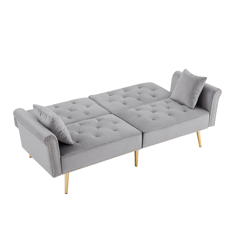 Velvet Tufted Sofa Couch With 2 Pillows And Nailhead Trim