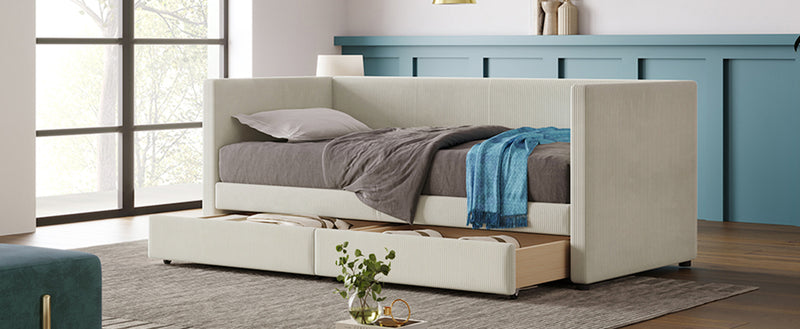 Twin Size Corduroy Daybed with Two Drawers and Wood Slat, Beige