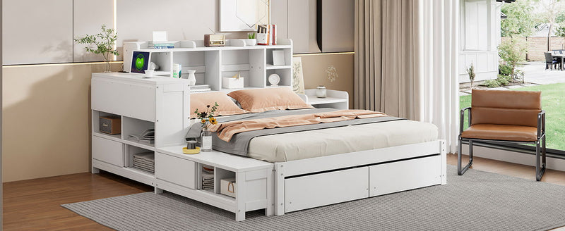 Platform Bed With Multi Functional Storage Space, Nightstand, 2 Drawers, USB Ports And Desk