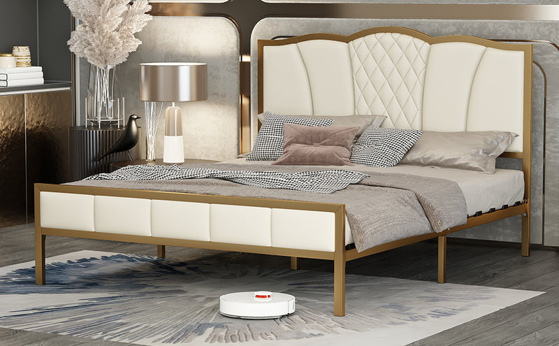 Queen Size Bed Frame, Modern Upholstered Bed Frame with Tufted Headboard, Golden Metal Platform Bed Frame with Wood Slat Support, Noise Free, No Box Spring Needed,Beige