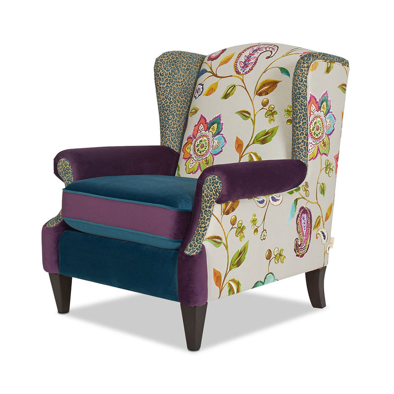 Anya - Boho Chic Wingback Accent Arm Chair - Floral / Leopard / Blue Teal / Purple